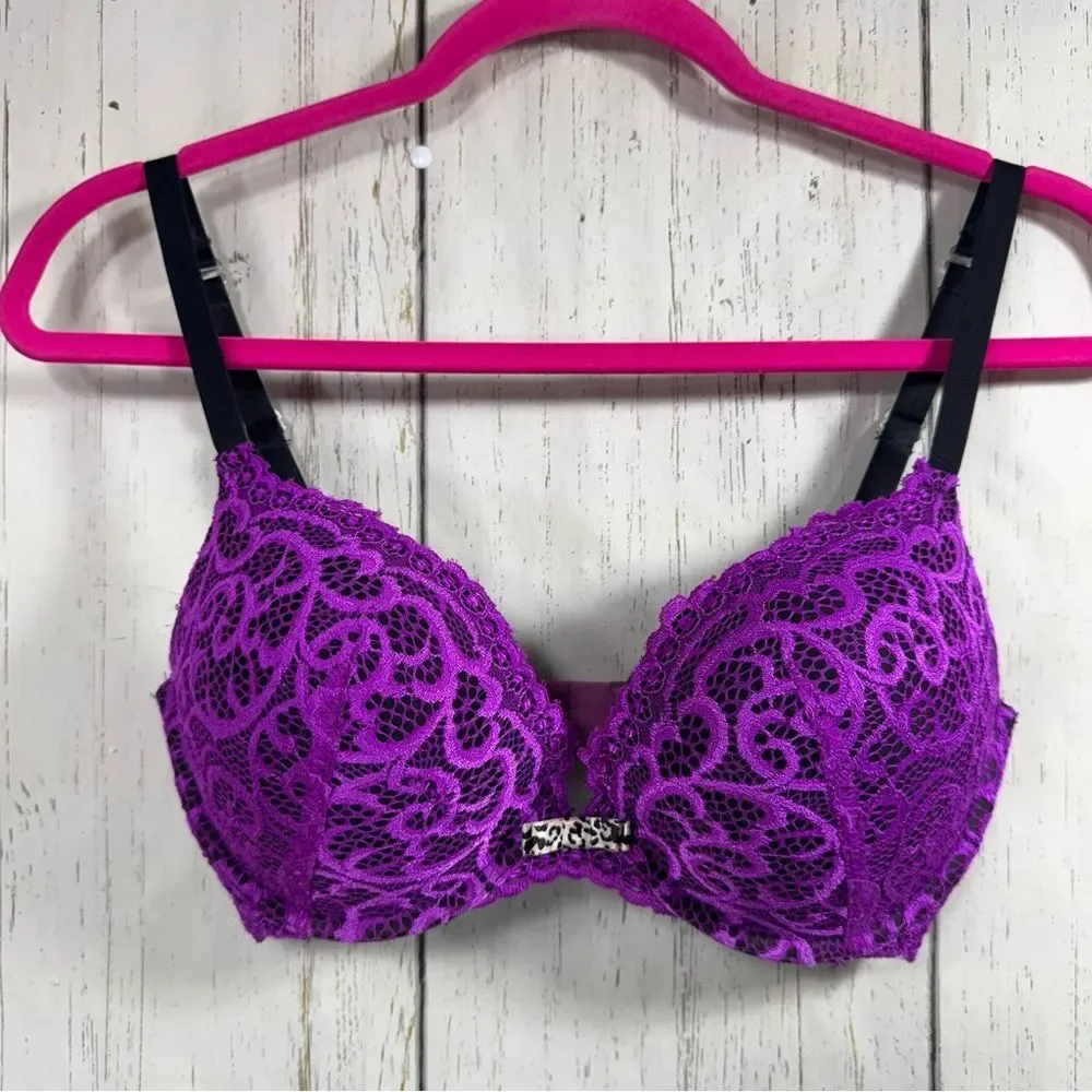 Frederick's of Hollywood Underwire Purple Push Up Bra Convertible Lace Coquette